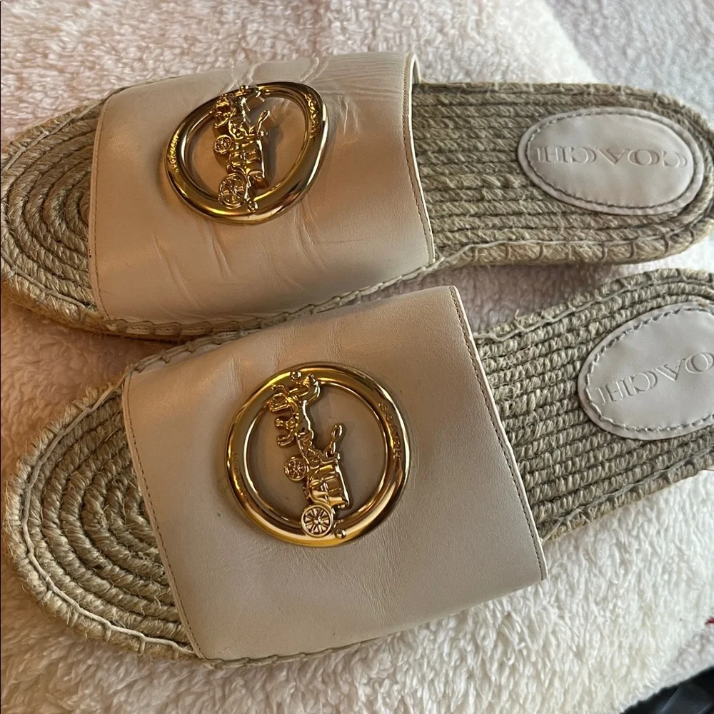 Coach Women's Cream Espadrille Slides with Gold Accent